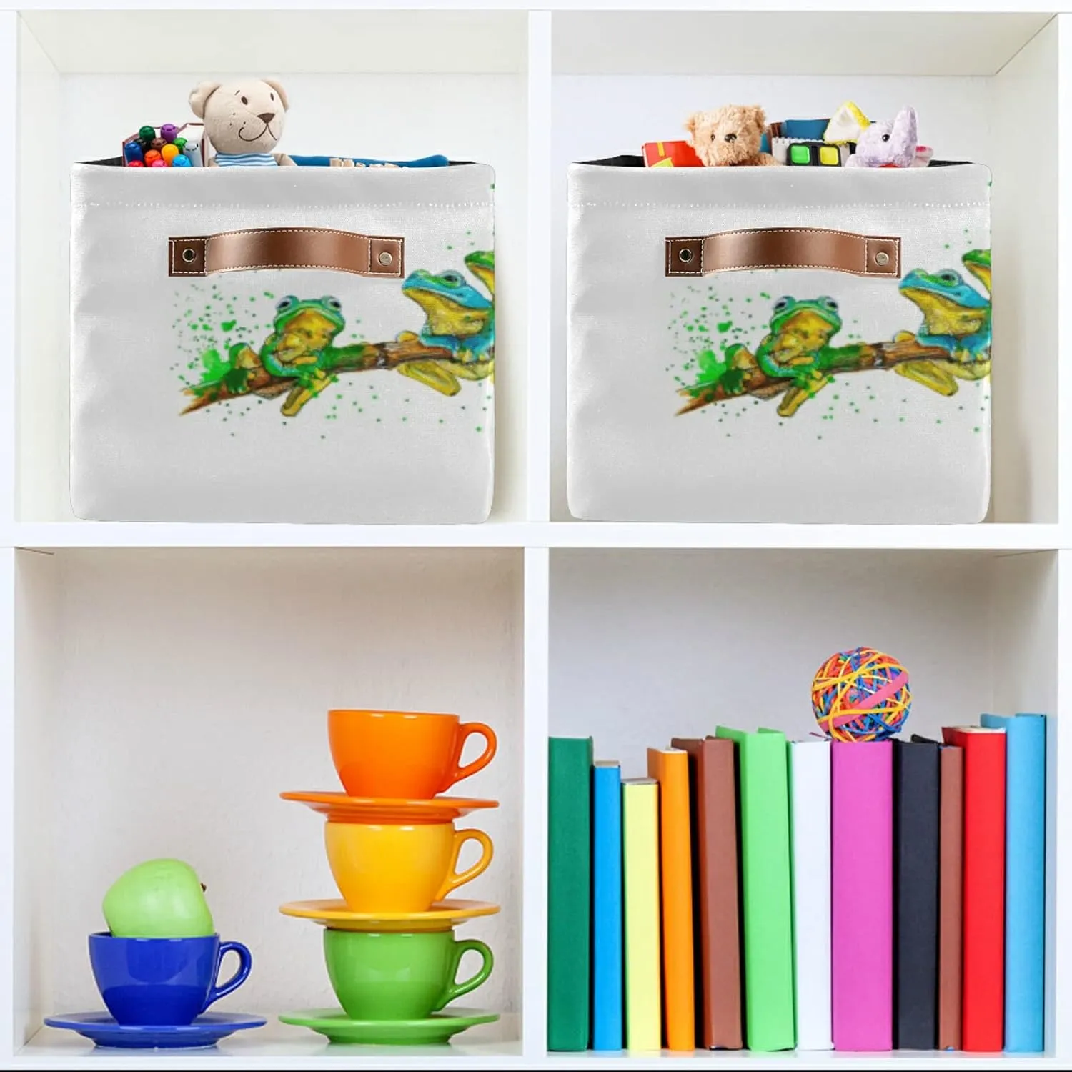 Oyihfvs Watercolor Exotic Green Frogs with Splashes on White 2 PC Rectangle Storage Basket Collapsible Fabric with Leather Handles Bag Organizer Clothes for Home Bedroom 15 x 11 x 9.5 in
