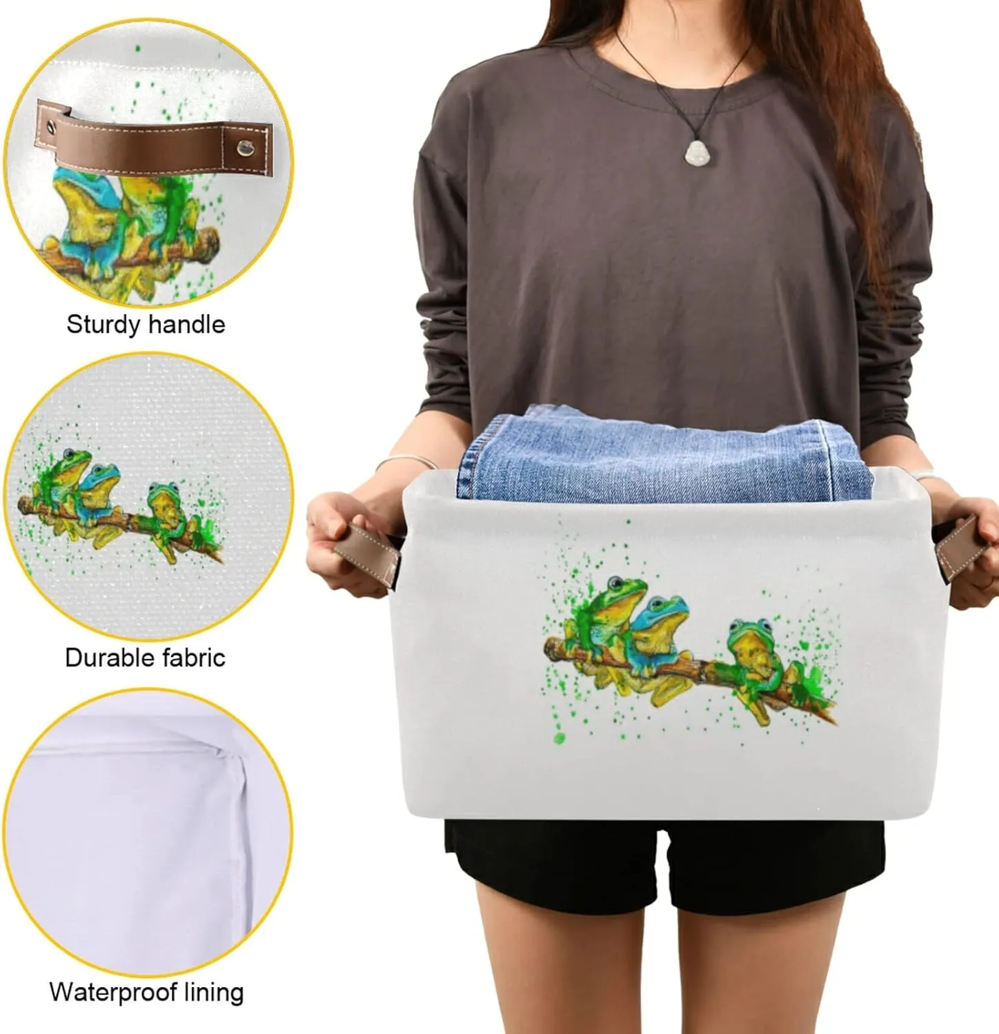 Oyihfvs Watercolor Exotic Green Frogs with Splashes on White 2 PC Rectangle Storage Basket Collapsible Fabric with Leather Handles Bag Organizer Clothes for Home Bedroom 15 x 11 x 9.5 in