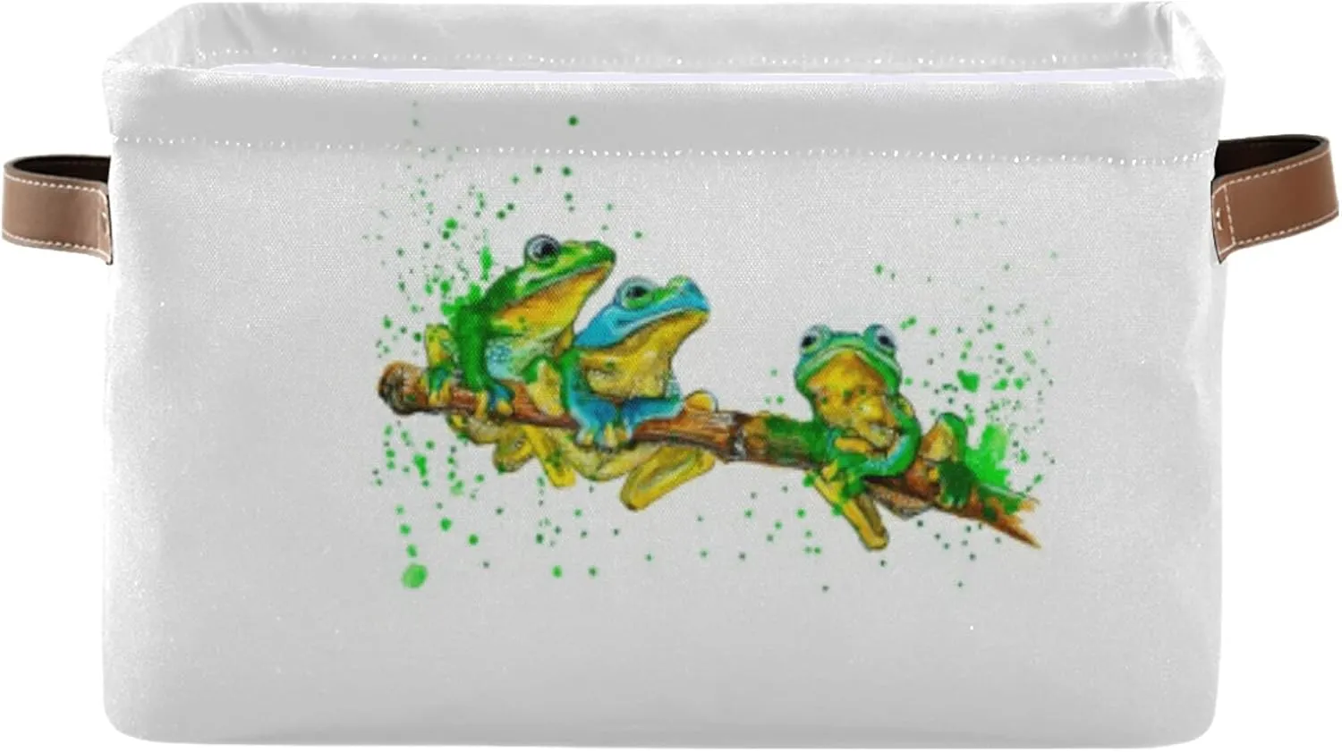 Oyihfvs Watercolor Exotic Green Frogs with Splashes on White 2 PC Rectangle Storage Basket Collapsible Fabric with Leather Handles Bag Organizer Clothes for Home Bedroom 15 x 11 x 9.5 in