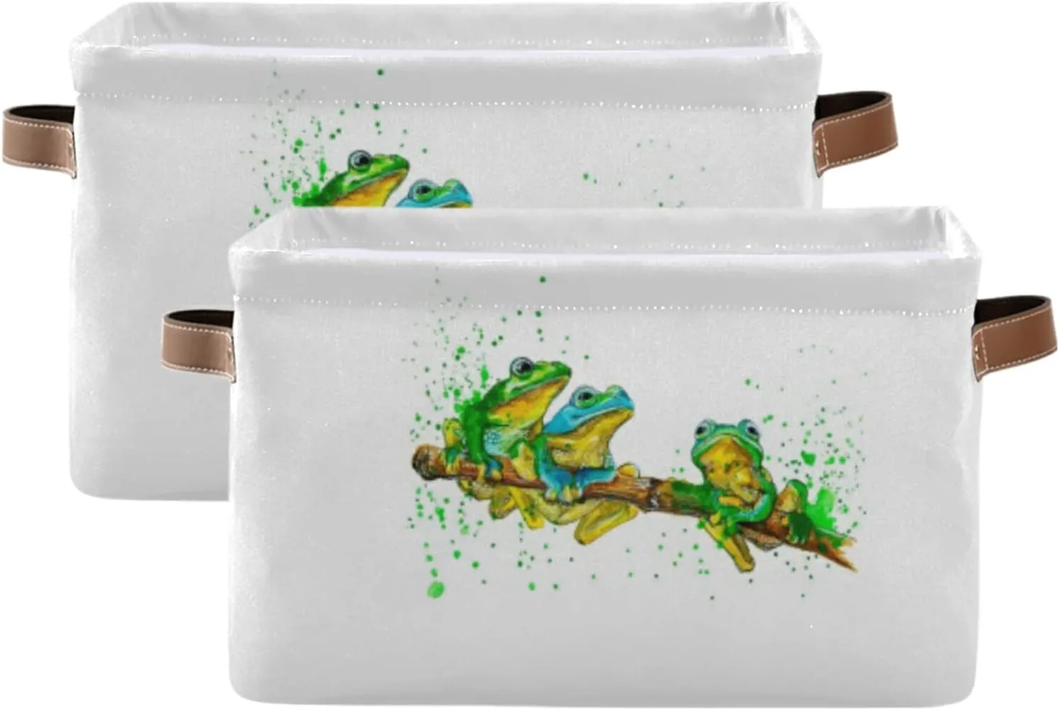 Oyihfvs Watercolor Exotic Green Frogs with Splashes on White 2 PC Rectangle Storage Basket Collapsible Fabric with Leather Handles Bag Organizer Clothes for Home Bedroom 15 x 11 x 9.5 in