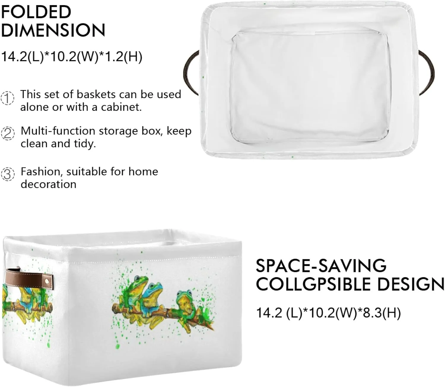 Oyihfvs Watercolor Exotic Green Frogs with Splashes on White 2 PC Rectangle Storage Basket Collapsible Fabric with Leather Handles Bag Organizer Clothes for Home Bedroom 15 x 11 x 9.5 in