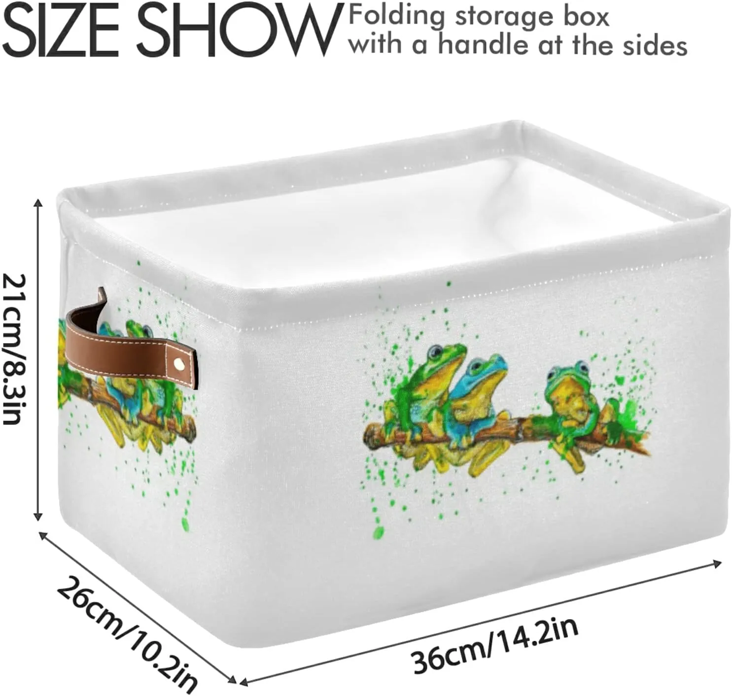 Oyihfvs Watercolor Exotic Green Frogs with Splashes on White 2 PC Rectangle Storage Basket Collapsible Fabric with Leather Handles Bag Organizer Clothes for Home Bedroom 15 x 11 x 9.5 in