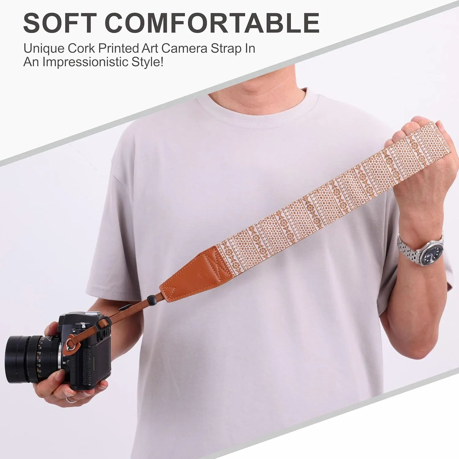 Padwa Lifestyle Cork Camera Strap - 2" Top Layer Cowhide Head Camera Straps for Photographers,Natural Log Crackle Art Print Style,Soft Chamois Velvet Padded Strap Quick Release fits All Cameras