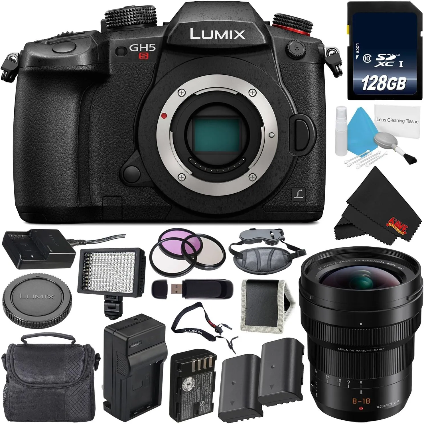 Panasonic Lumix DC-GH5S Mirrorless Micro Four Thirds Digital Camera International Version   Panasonic 8-18mm f/2.8-4 Lens   128GB Class 10 Memory Card Bundle