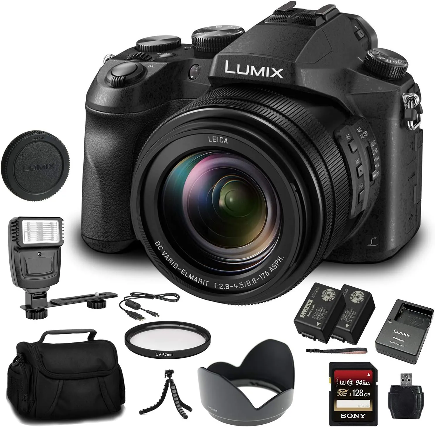 Panasonic Lumix DMC-FZ2500 Digital Camera (DMC-FZ2500) - Bundle - with 128GB Memory Card   DMW-BLC12 Battery   Digital Flash   Soft Bag   12 Inch Flexible Tripod   Cleaning Set   More