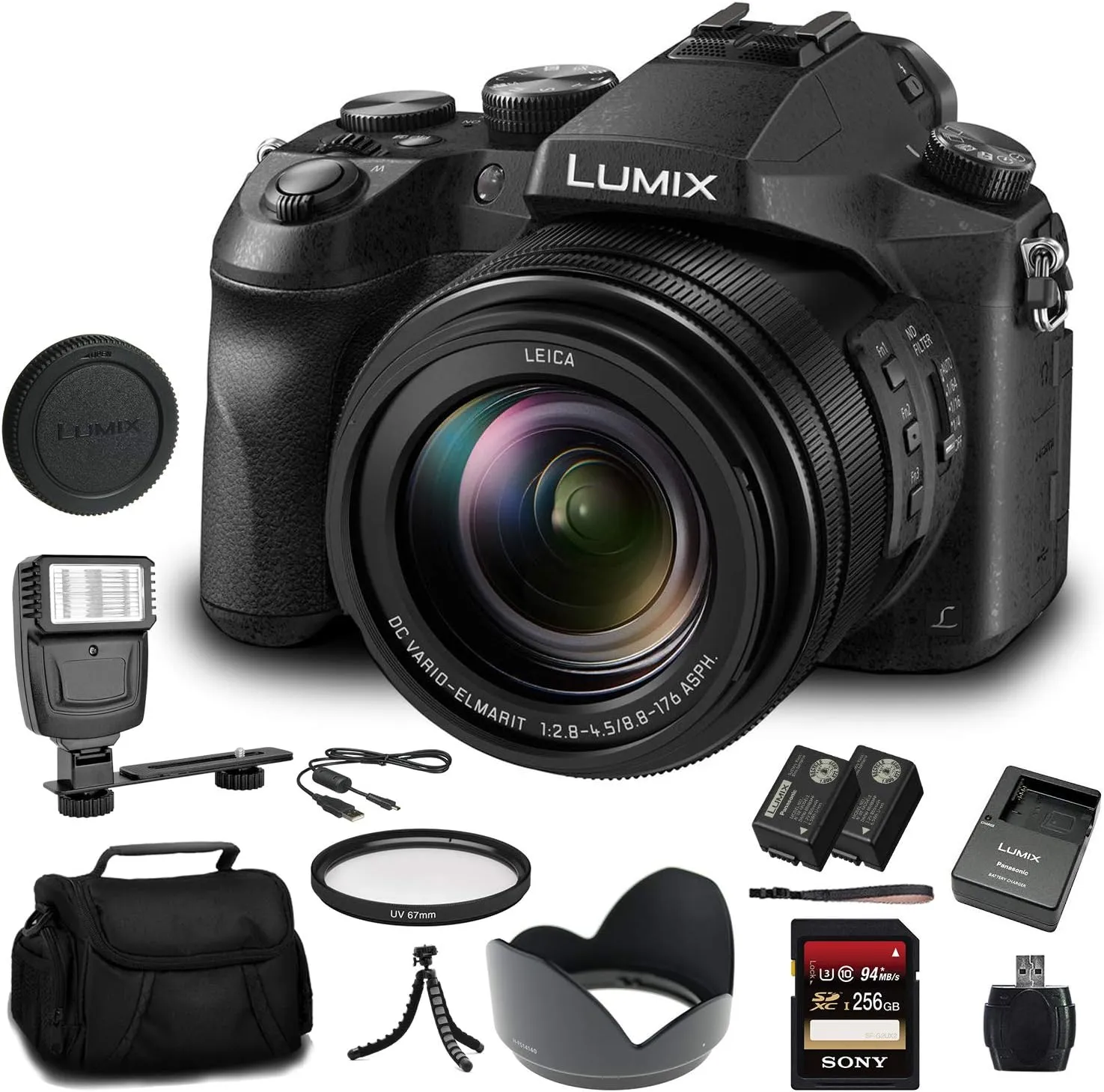 Panasonic Lumix DMC-FZ2500 Digital Camera (DMC-FZ2500) - Bundle - with 256GB Memory Card   DMW-BLC12 Battery   Digital Flash   Soft Bag   12 Inch Flexible Tripod   Cleaning Set   More
