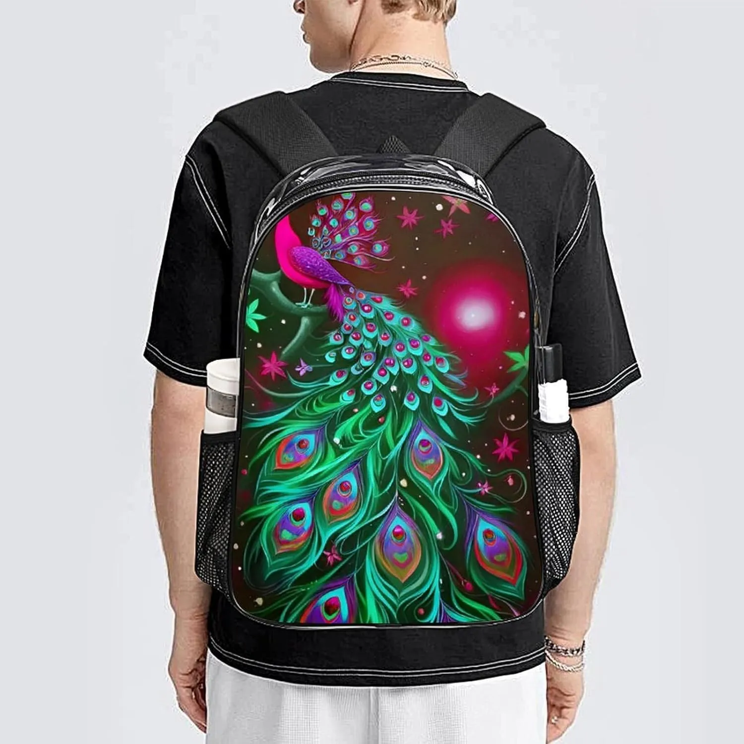 Peacock Animal Oil Painting Daypack Backpack Transparent Multipurpose Anti-Theft Shoulder Bag Big Capacity Gym Outdoor Hiking Backpack With Smooth Zippers