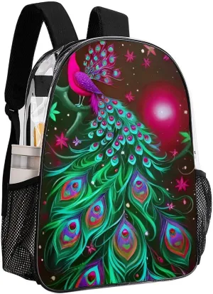 Peacock Animal Oil Painting Daypack Backpack Transparent Multipurpose Anti-Theft Shoulder Bag Big Capacity Gym Outdoor Hiking Backpack With Smooth Zippers