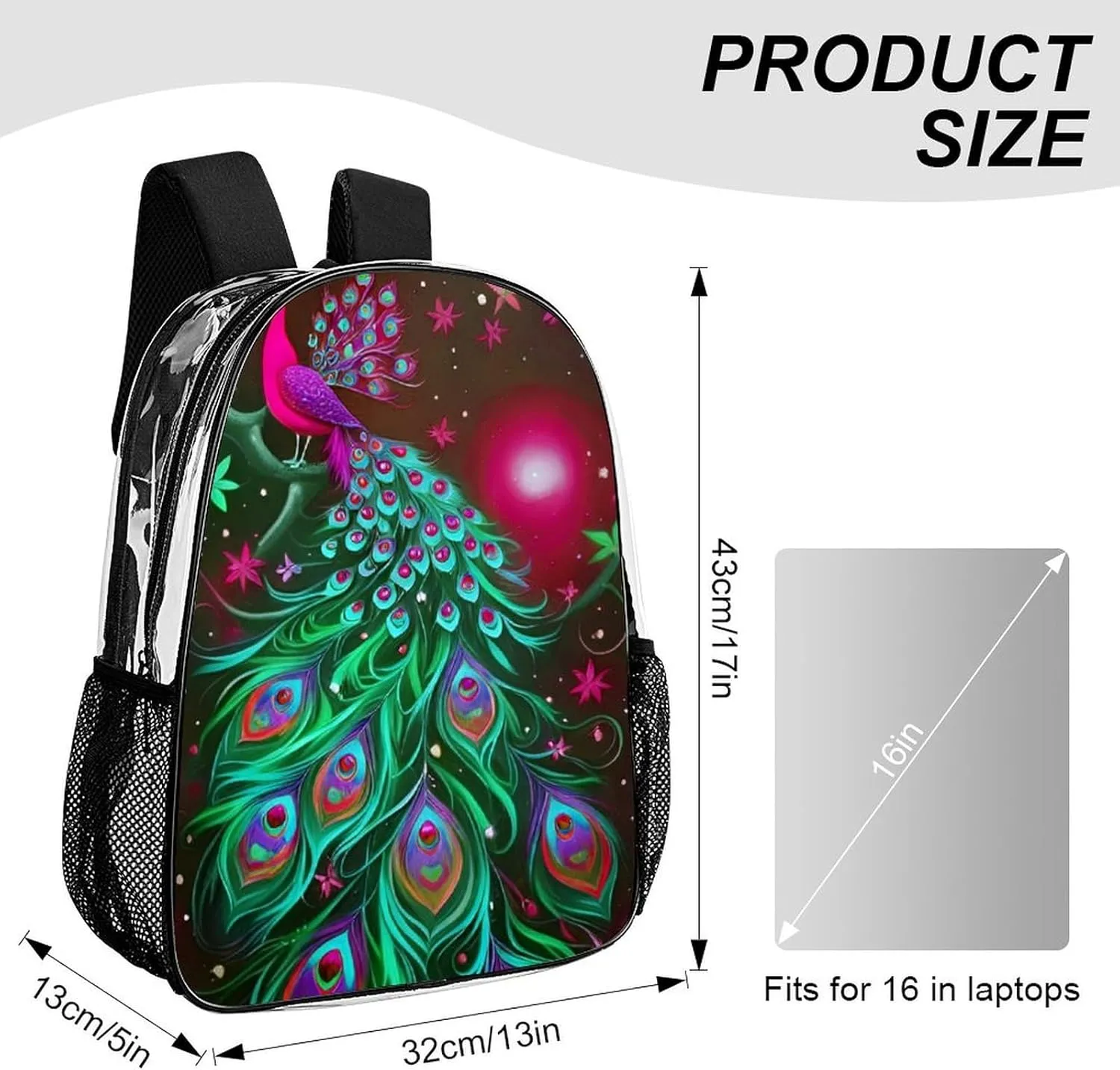 Peacock Animal Oil Painting Daypack Backpack Transparent Multipurpose Anti-Theft Shoulder Bag Big Capacity Gym Outdoor Hiking Backpack With Smooth Zippers