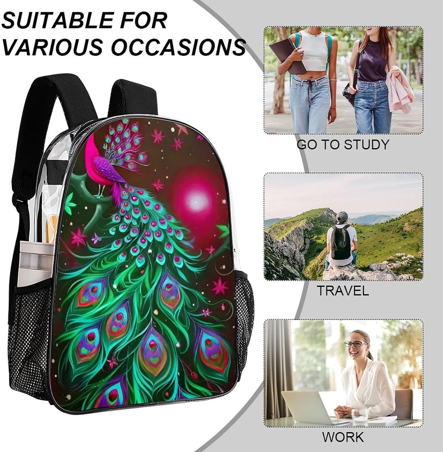 Peacock Animal Oil Painting Daypack Backpack Transparent Multipurpose Anti-Theft Shoulder Bag Big Capacity Gym Outdoor Hiking Backpack With Smooth Zippers
