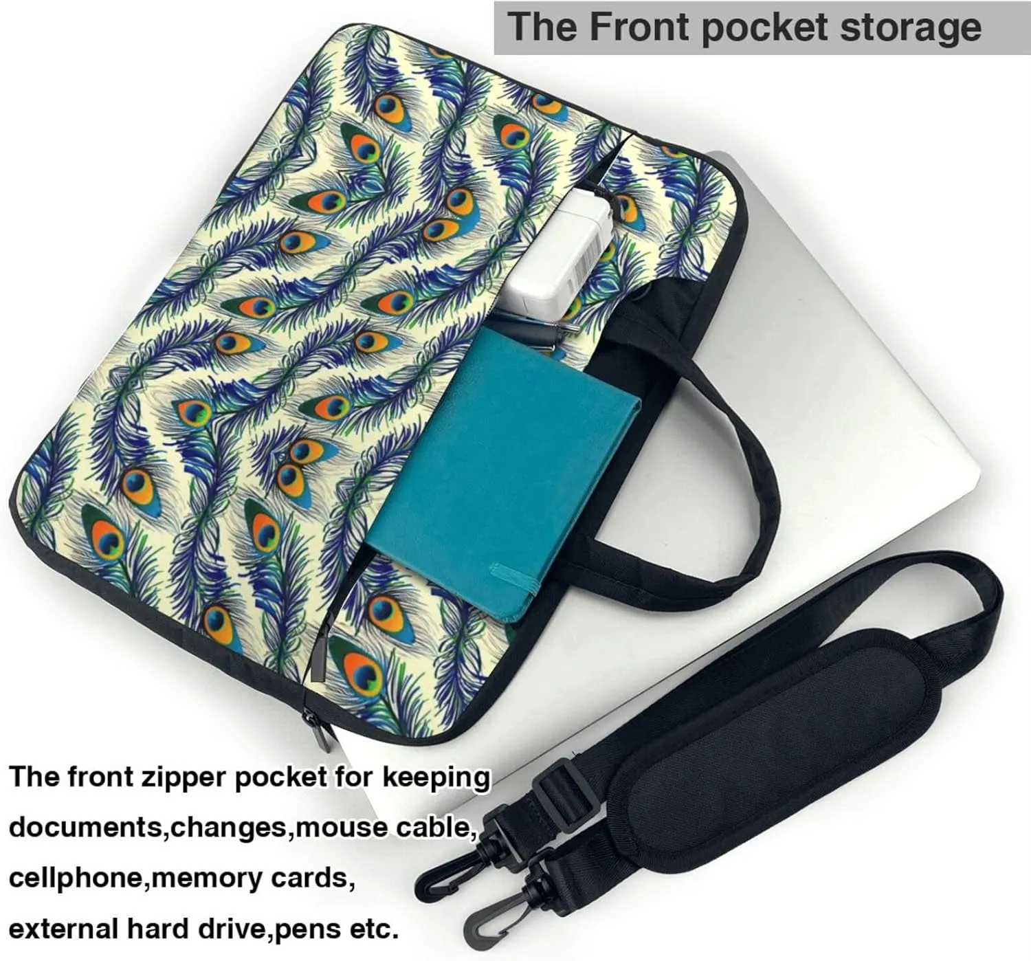 Peacock Feather Print Laptop Bag,Can Use It Freely As A Shoulder Bag,Crossbody Bag,And Briefcase