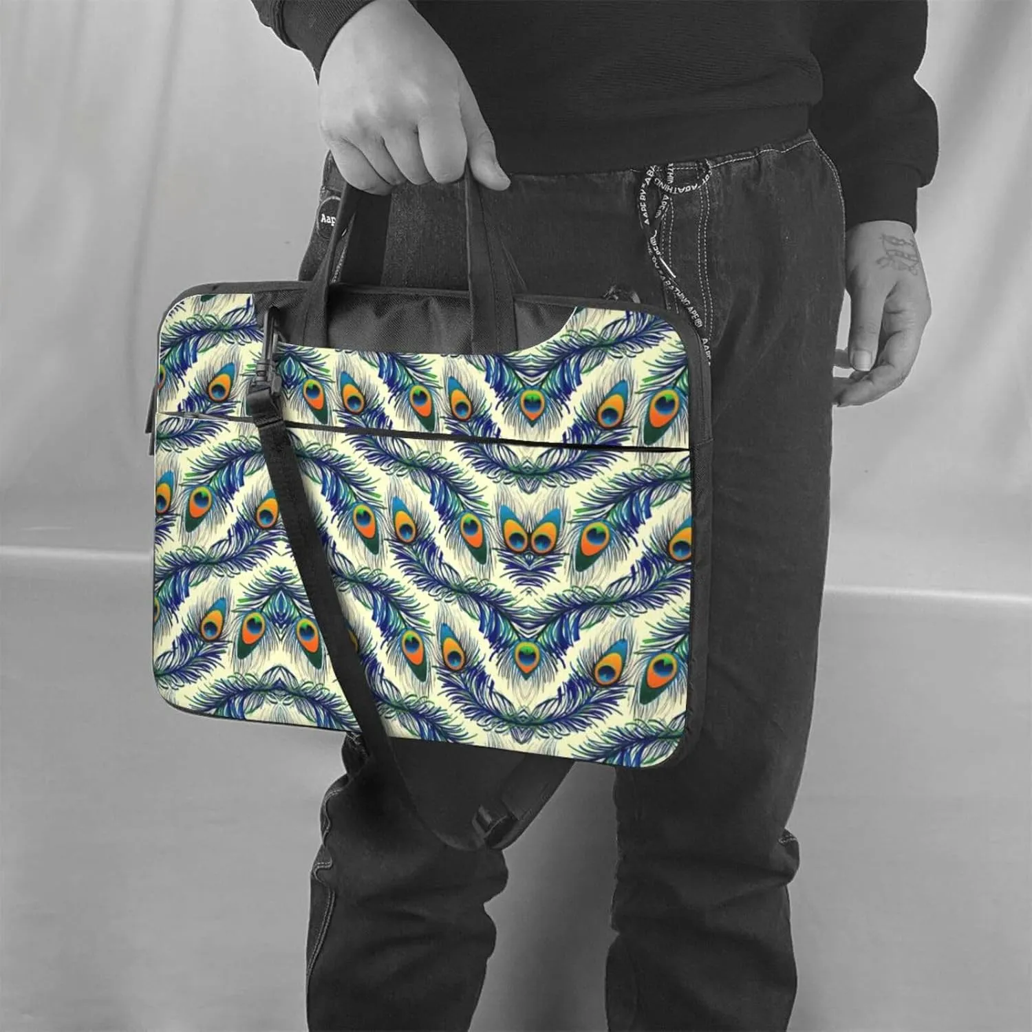Peacock Feather Print Laptop Bag,Can Use It Freely As A Shoulder Bag,Crossbody Bag,And Briefcase
