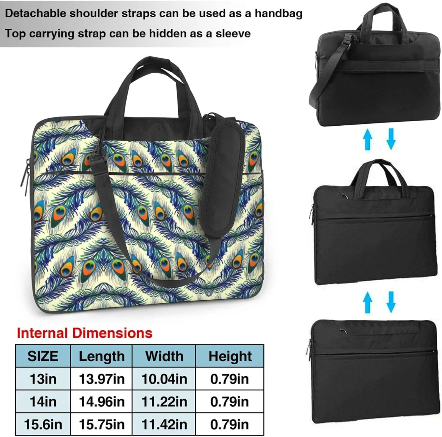Peacock Feather Print Laptop Bag,Can Use It Freely As A Shoulder Bag,Crossbody Bag,And Briefcase