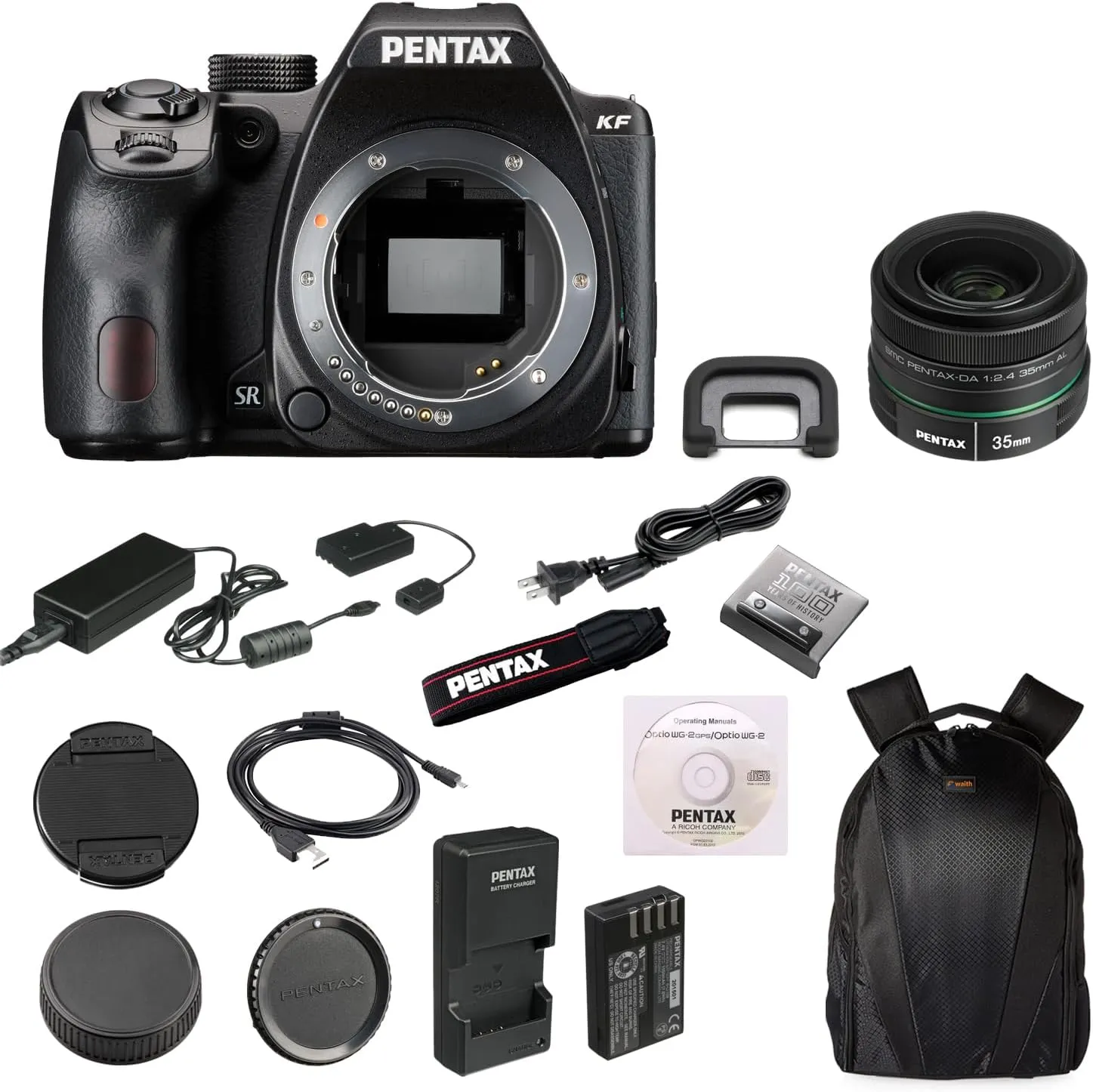 Pentax KF APS-C Digital SLR Camera Body (Black) | 24MP CMOS Sensor, Built-in Wi-Fi with Pentax 35mm DA L F2.4 AL Lens and Waith Camera Backpack with Multiple Compartments (Bundle Set)