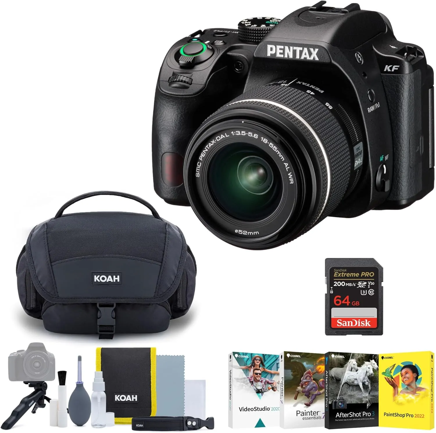 Pentax KF DSLR Camera (Black) and PENTAX DA L 18-55mm F3.5-5.6 AL WR Lens Bundle with Accessory Kit, Photo Edit Software, Memory Card (4 Items)