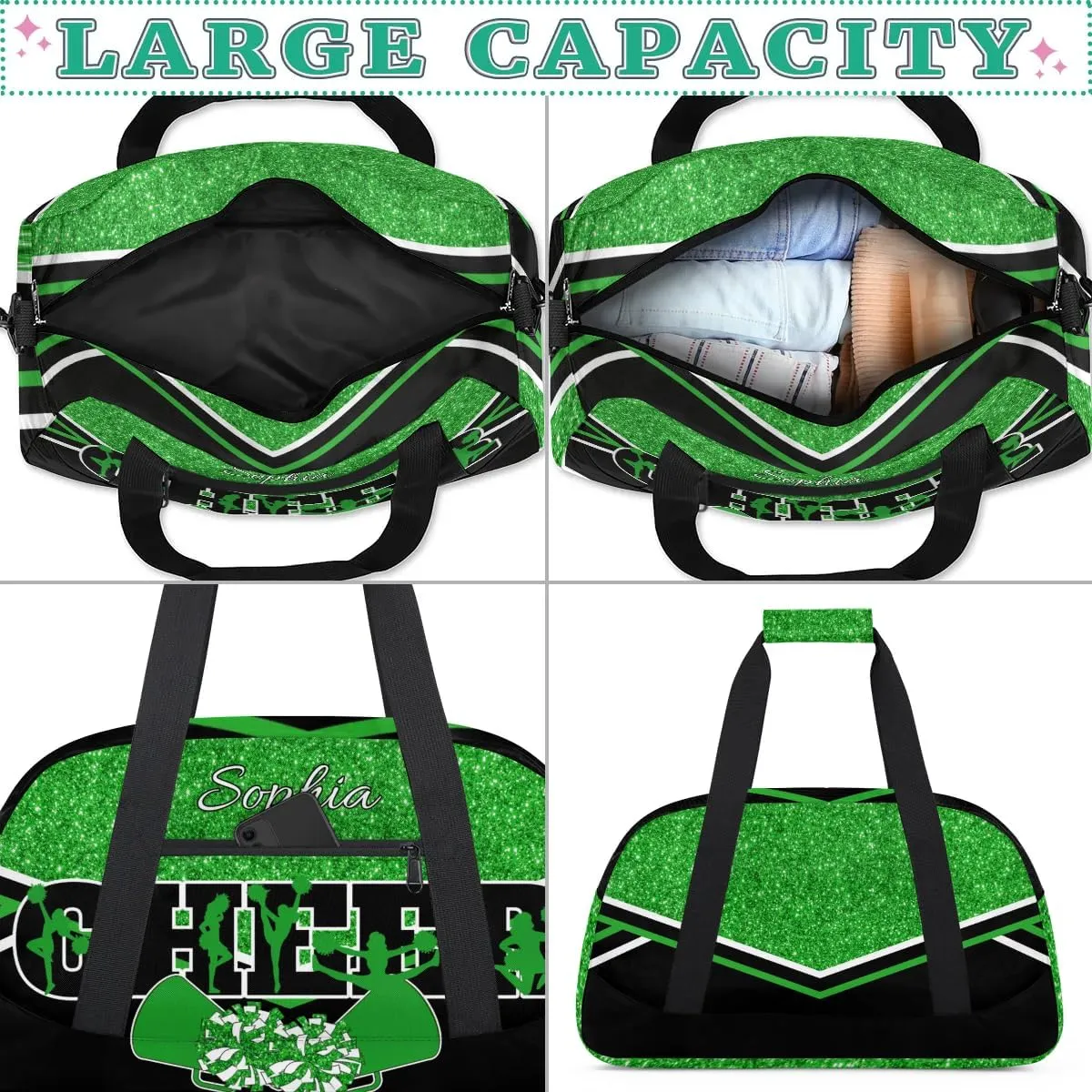 Personalized Cheer Bag with Name Custom Cheerleader Bags Cheer Dance Bag Customize Cheer Duffel Bag Overnight Weekender Bag, Green