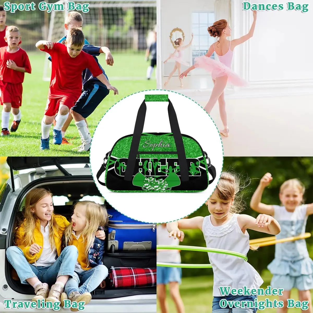 Personalized Cheer Bag with Name Custom Cheerleader Bags Cheer Dance Bag Customize Cheer Duffel Bag Overnight Weekender Bag, Green