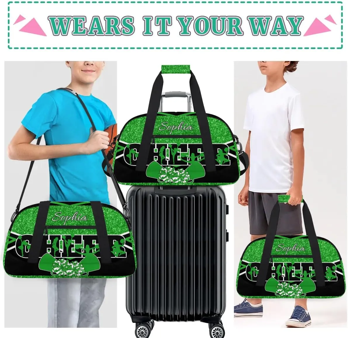 Personalized Cheer Bag with Name Custom Cheerleader Bags Cheer Dance Bag Customize Cheer Duffel Bag Overnight Weekender Bag, Green