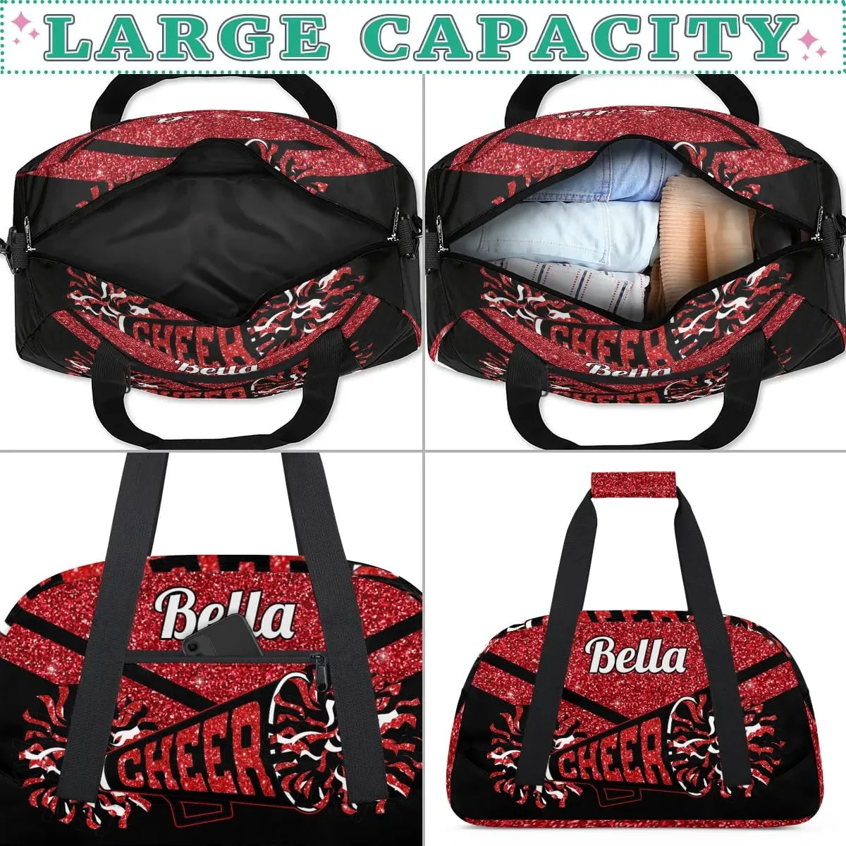 Personalized Cheerleader Bag Custom Sport Duffel Bags with Your Name Gymnastics Travel Bag Dance Bag Sleepover Weekender Bag, Red Glitter