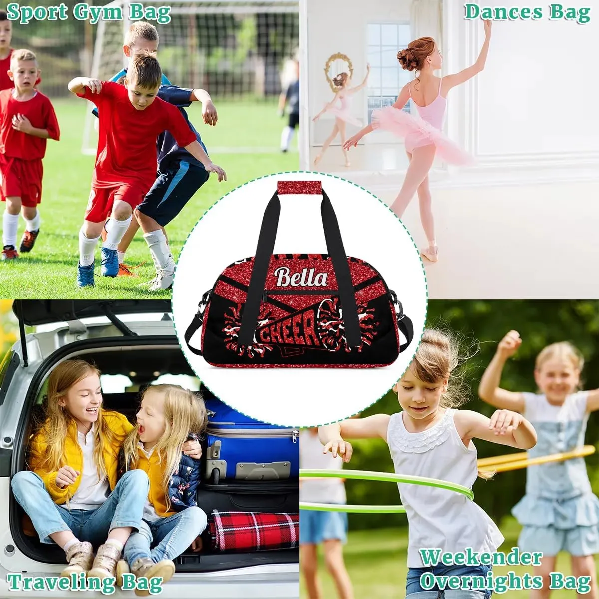 Personalized Cheerleader Bag Custom Sport Duffel Bags with Your Name Gymnastics Travel Bag Dance Bag Sleepover Weekender Bag, Red Glitter