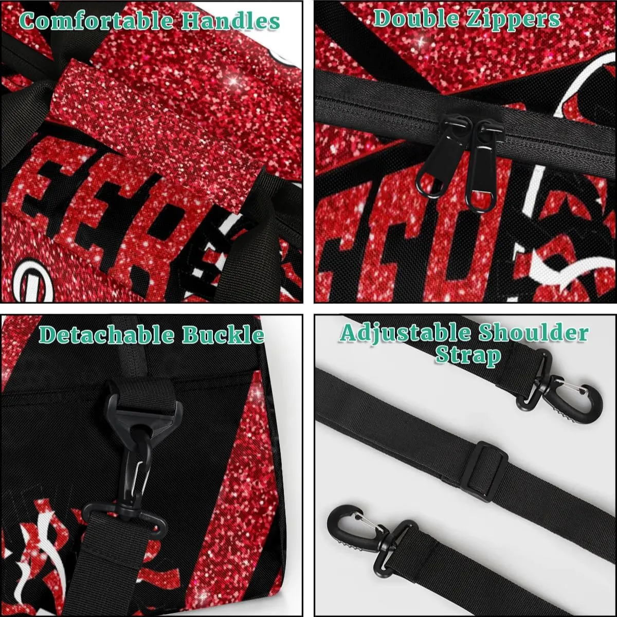 Personalized Cheerleader Bag Custom Sport Duffel Bags with Your Name Gymnastics Travel Bag Dance Bag Sleepover Weekender Bag, Red Glitter