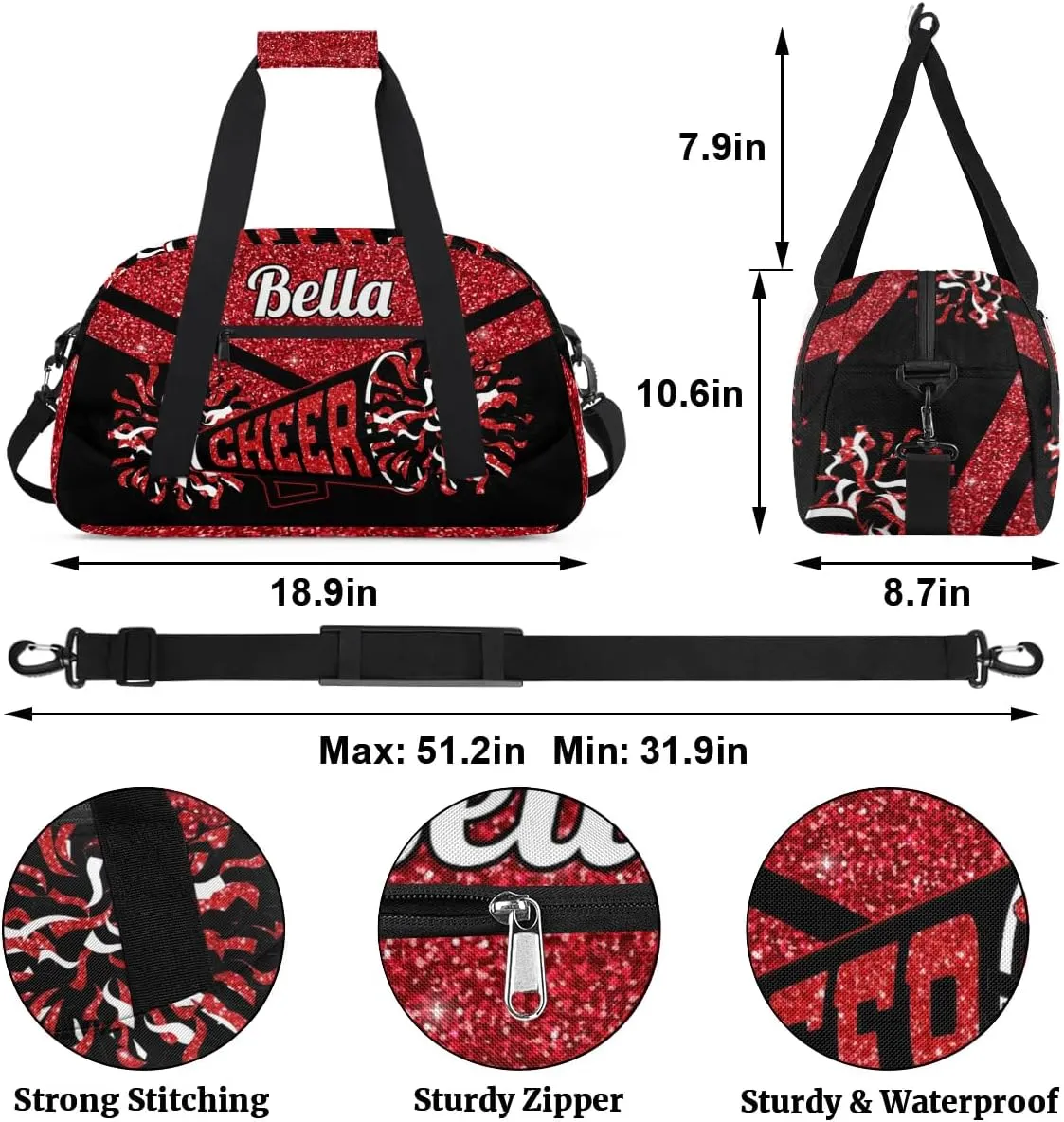 Personalized Cheerleader Bag Custom Sport Duffel Bags with Your Name Gymnastics Travel Bag Dance Bag Sleepover Weekender Bag, Red Glitter
