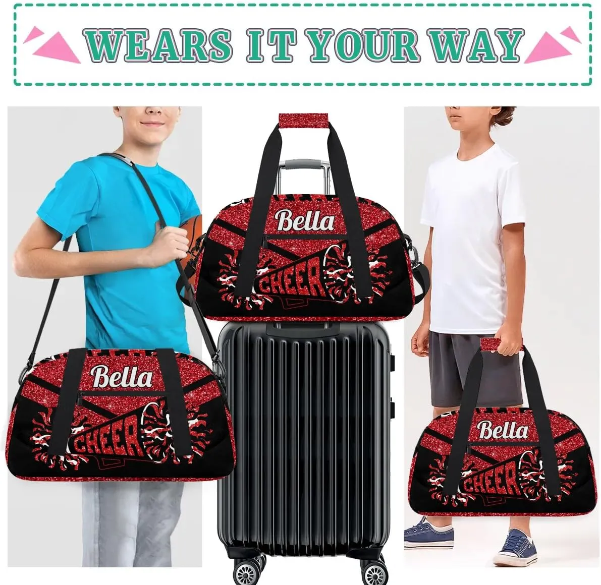 Personalized Cheerleader Bag Custom Sport Duffel Bags with Your Name Gymnastics Travel Bag Dance Bag Sleepover Weekender Bag, Red Glitter