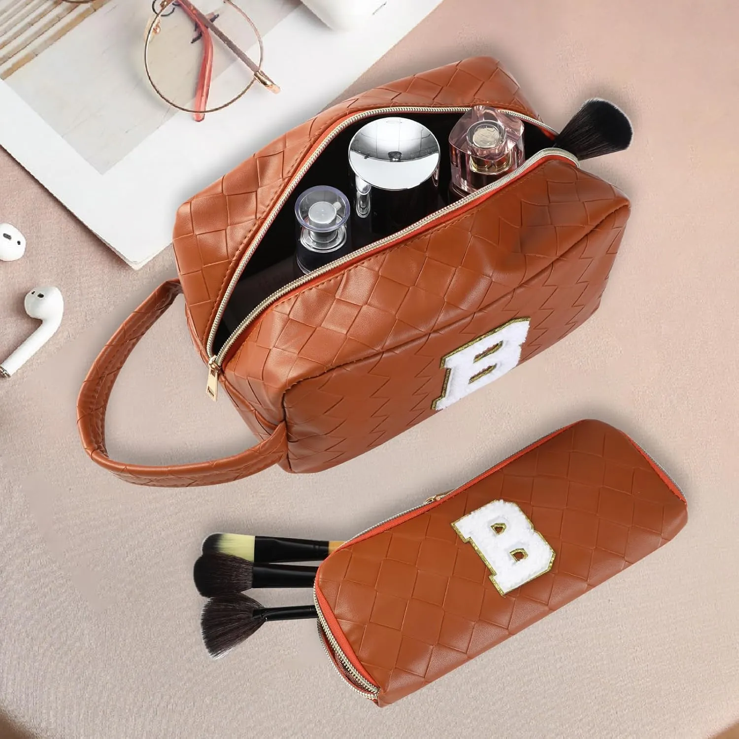 Personalized Initial Makeup Bag, Travel Cosmetic Bag with Small Makeup Brush Bag, Make Up Bags Pouch Travel Toiletry Bag, Birthday Gifts for Women Girls Valentine's Day Gifts (F, Brown)