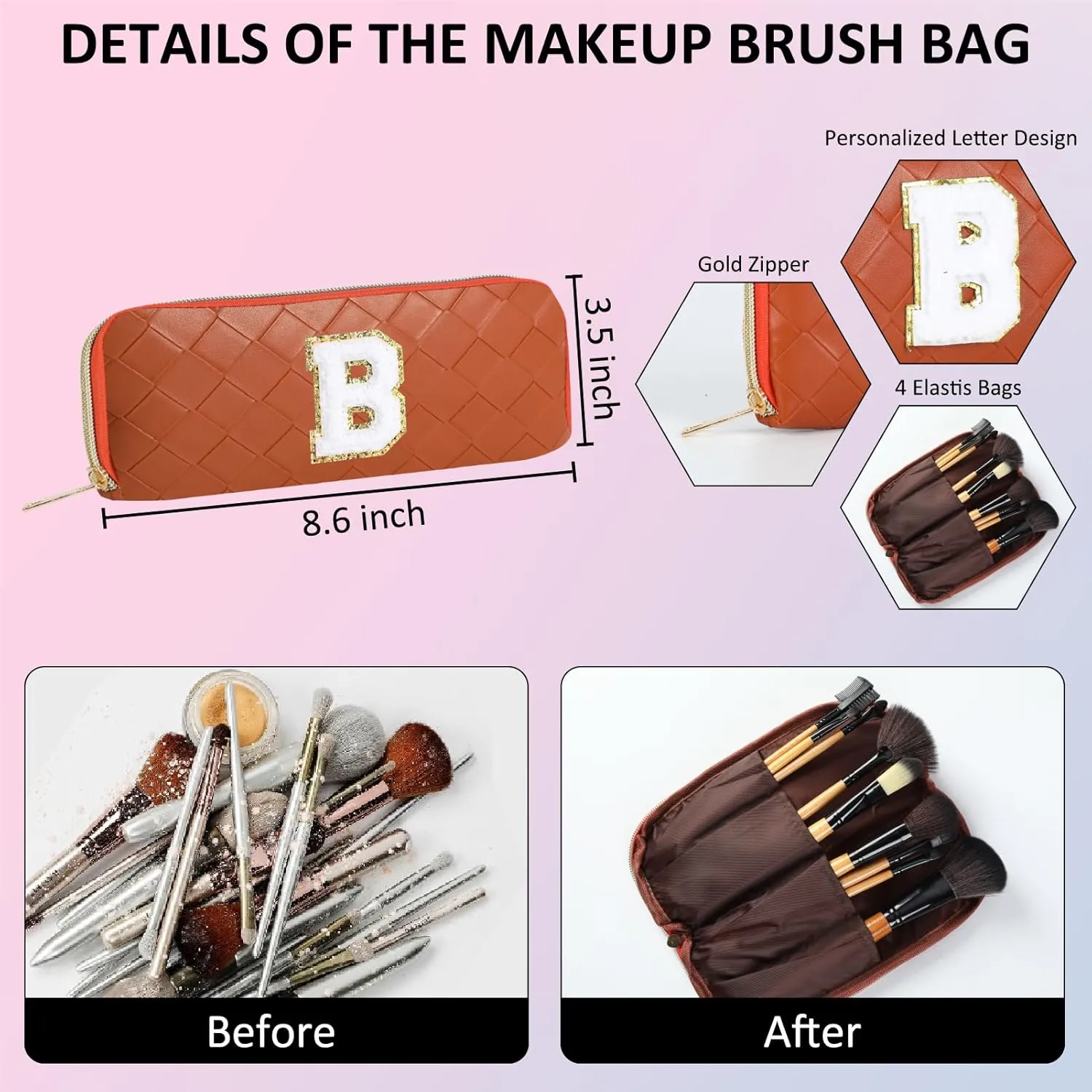 Personalized Initial Makeup Bag, Travel Cosmetic Bag with Small Makeup Brush Bag, Make Up Bags Pouch Travel Toiletry Bag, Birthday Gifts for Women Girls Valentine's Day Gifts (F, Brown)