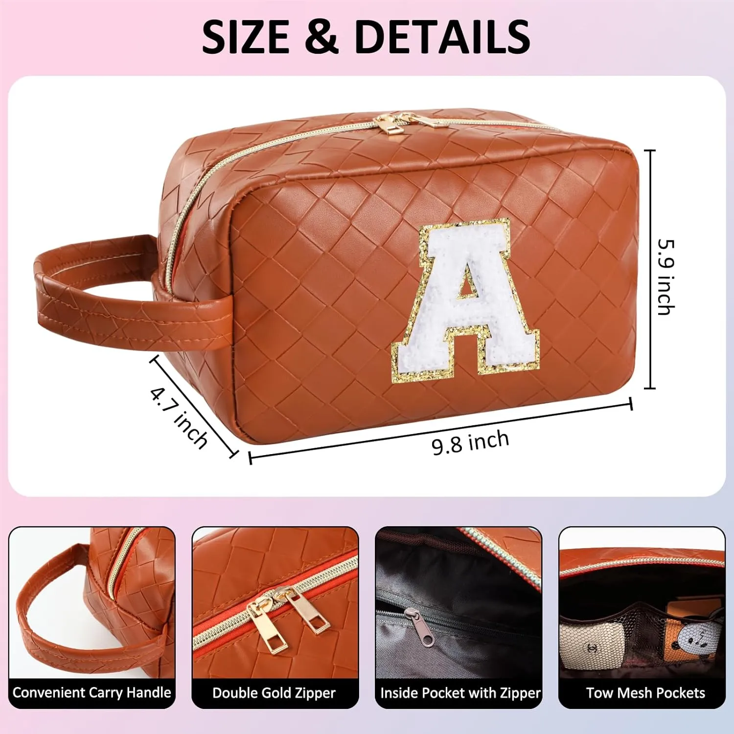 Personalized Initial Makeup Bag, Travel Cosmetic Bag with Small Makeup Brush Bag, Make Up Bags Pouch Travel Toiletry Bag, Birthday Gifts for Women Girls Valentine's Day Gifts (F, Brown)