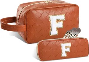 Personalized Initial Makeup Bag, Travel Cosmetic Bag with Small Makeup Brush Bag, Make Up Bags Pouch Travel Toiletry Bag, Birthday Gifts for Women Girls Valentine's Day Gifts (F, Brown)