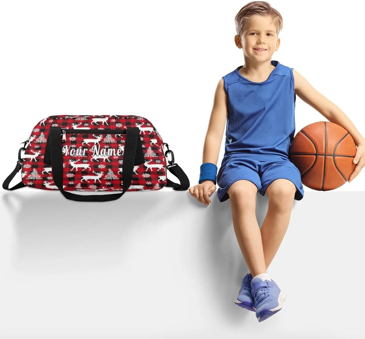 Personalized Kids Duffel Bag Christmas Reindeer Deer,Custom Sport Gym Bag for Boys Girls,WWeekender Overnight Bags Travel Duffel Bag,Customized Kids Gift