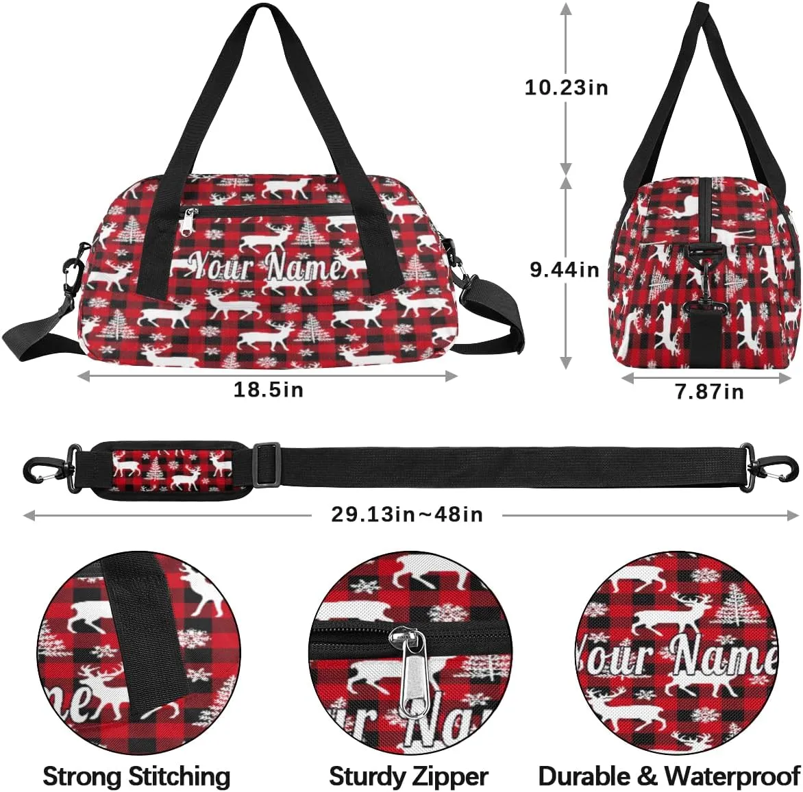 Personalized Kids Duffel Bag Christmas Reindeer Deer,Custom Sport Gym Bag for Boys Girls,WWeekender Overnight Bags Travel Duffel Bag,Customized Kids Gift