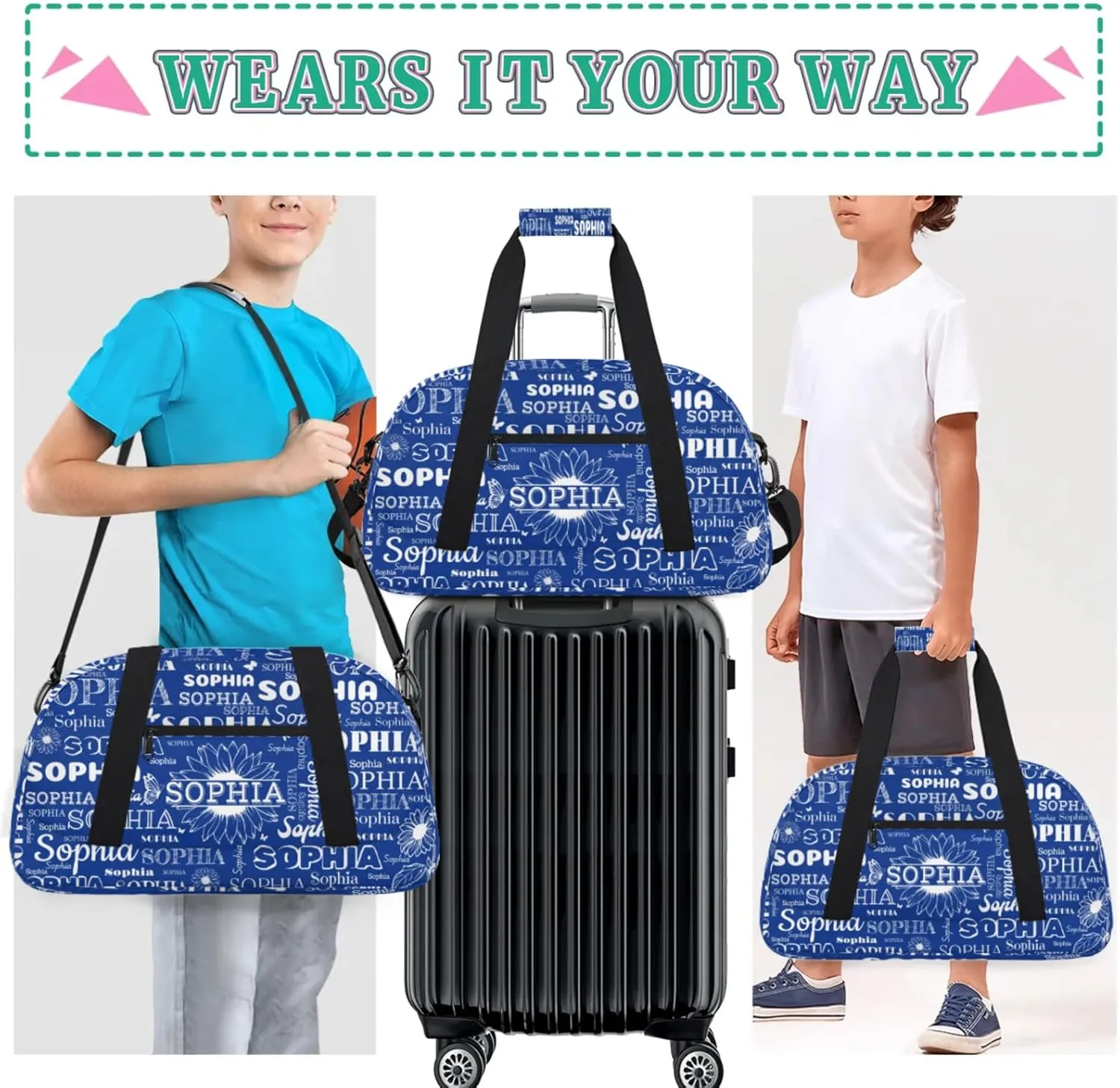Personalized Sports Duffel Bag with Name for Women Men, Custom Gym Bags Dance Duffel Bags, Travel Overnight Carry-On Duffel Bag, Cobalt Blue Sunflower