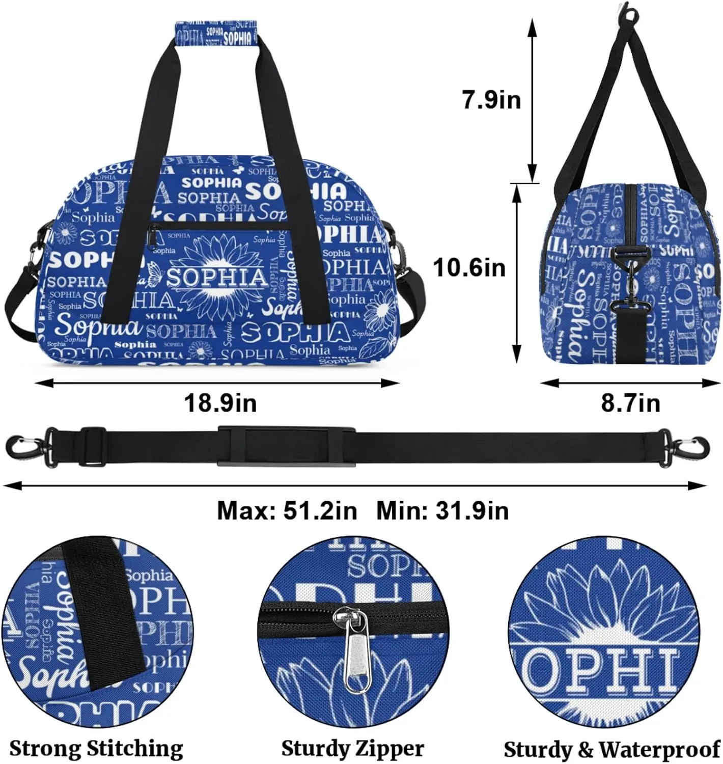 Personalized Sports Duffel Bag with Name for Women Men, Custom Gym Bags Dance Duffel Bags, Travel Overnight Carry-On Duffel Bag, Cobalt Blue Sunflower