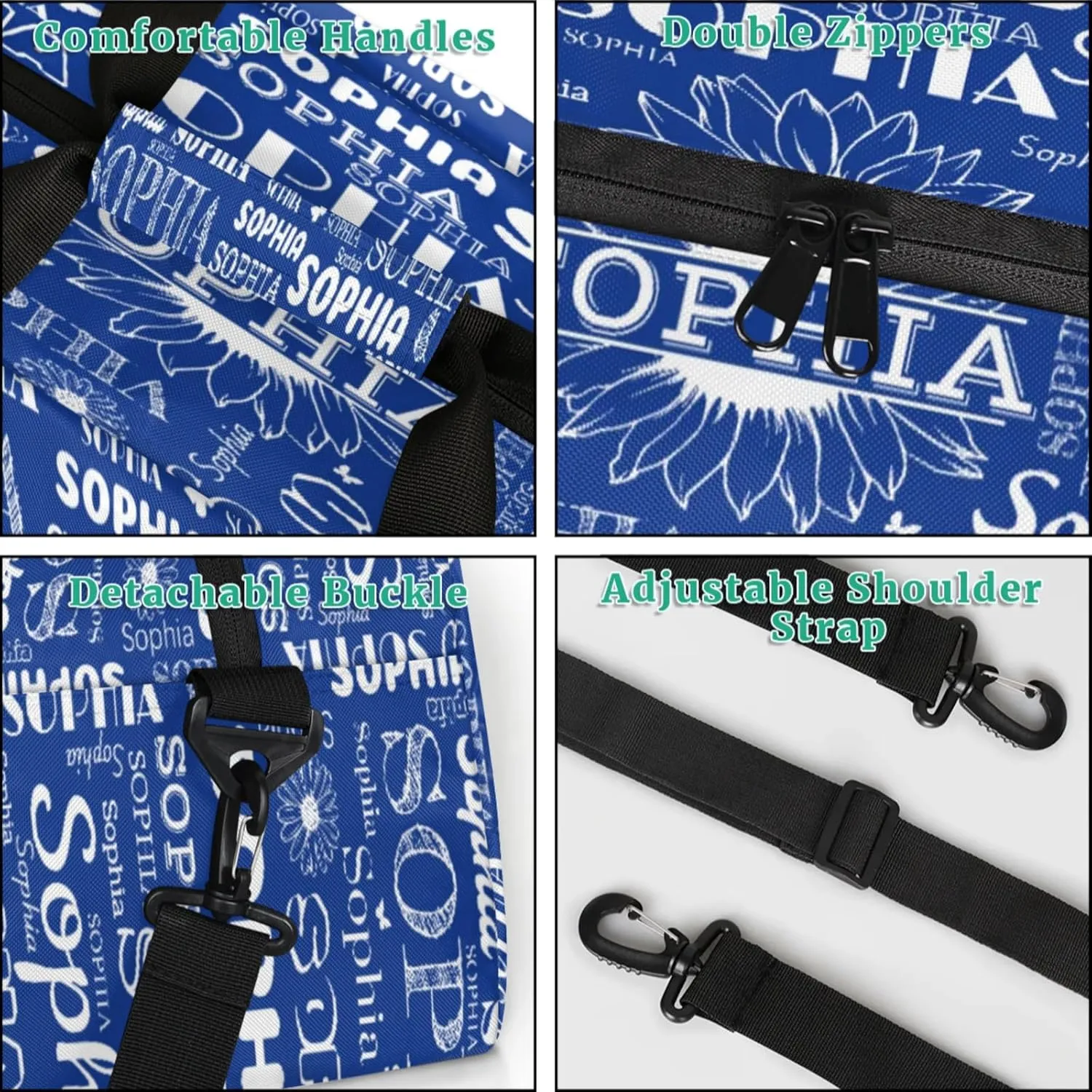 Personalized Sports Duffel Bag with Name for Women Men, Custom Gym Bags Dance Duffel Bags, Travel Overnight Carry-On Duffel Bag, Cobalt Blue Sunflower