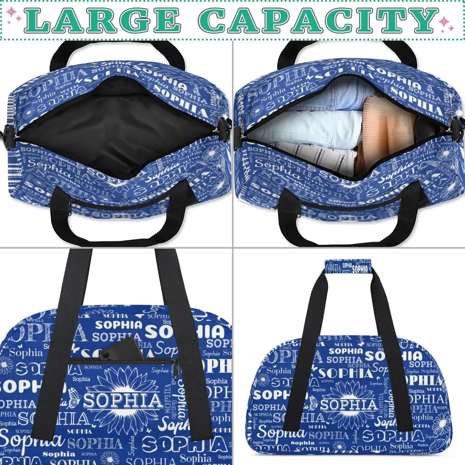 Personalized Sports Duffel Bag with Name for Women Men, Custom Gym Bags Dance Duffel Bags, Travel Overnight Carry-On Duffel Bag, Cobalt Blue Sunflower