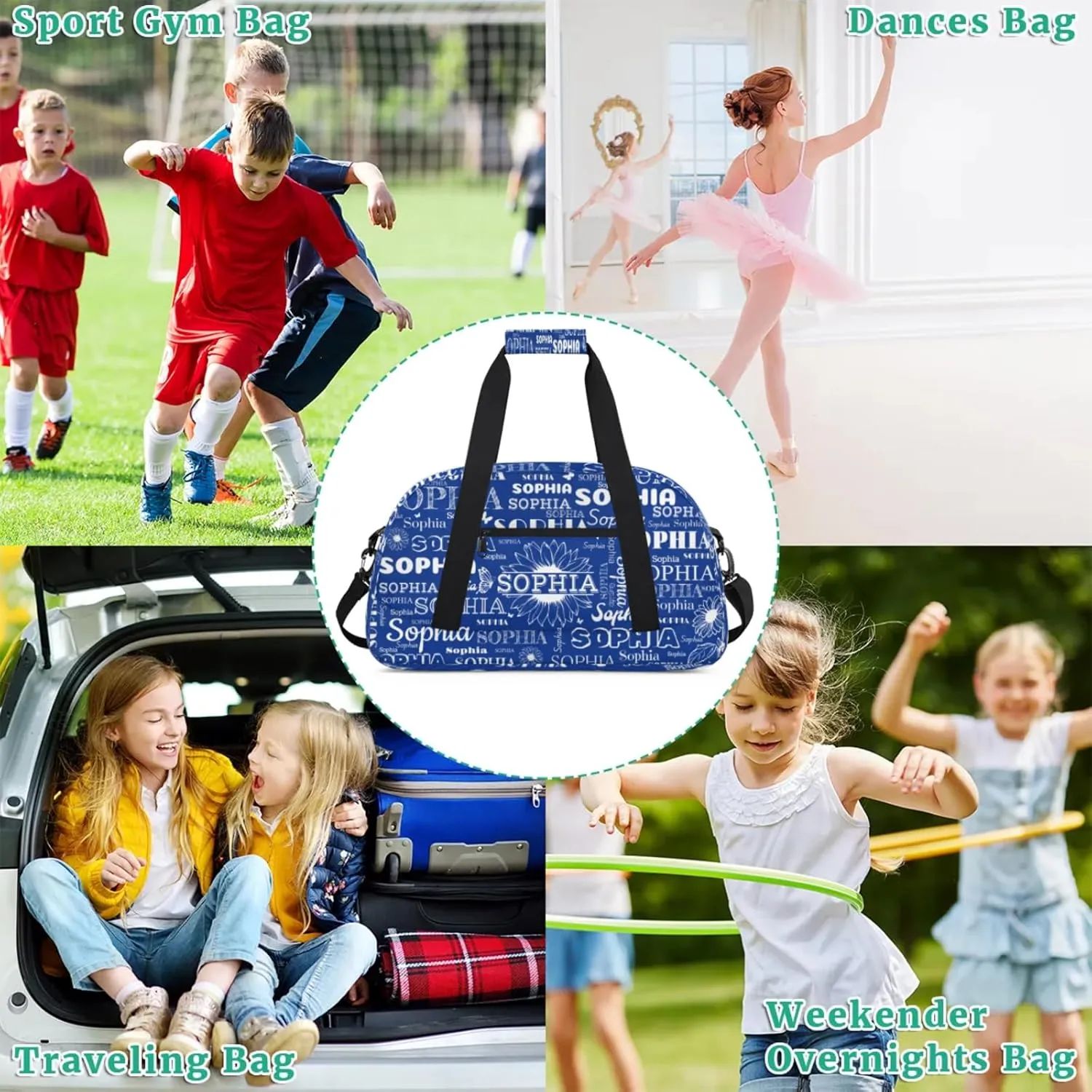Personalized Sports Duffel Bag with Name for Women Men, Custom Gym Bags Dance Duffel Bags, Travel Overnight Carry-On Duffel Bag, Cobalt Blue Sunflower