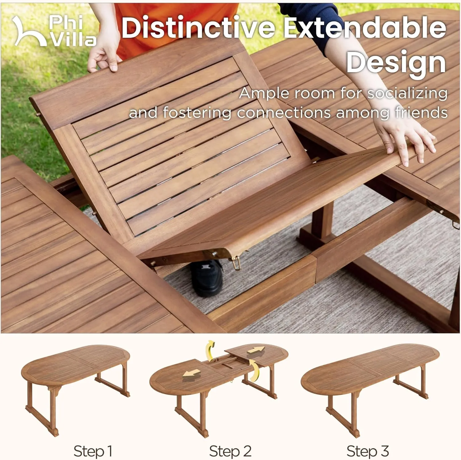 PHI VILLA 7 Pieces Acacia Wood Outdoor Dining Set for 6, Expandable Teak Wooden Table & Chairs, Large Farmhouse Furniture Set for Patio, Deck, Yard, Porch