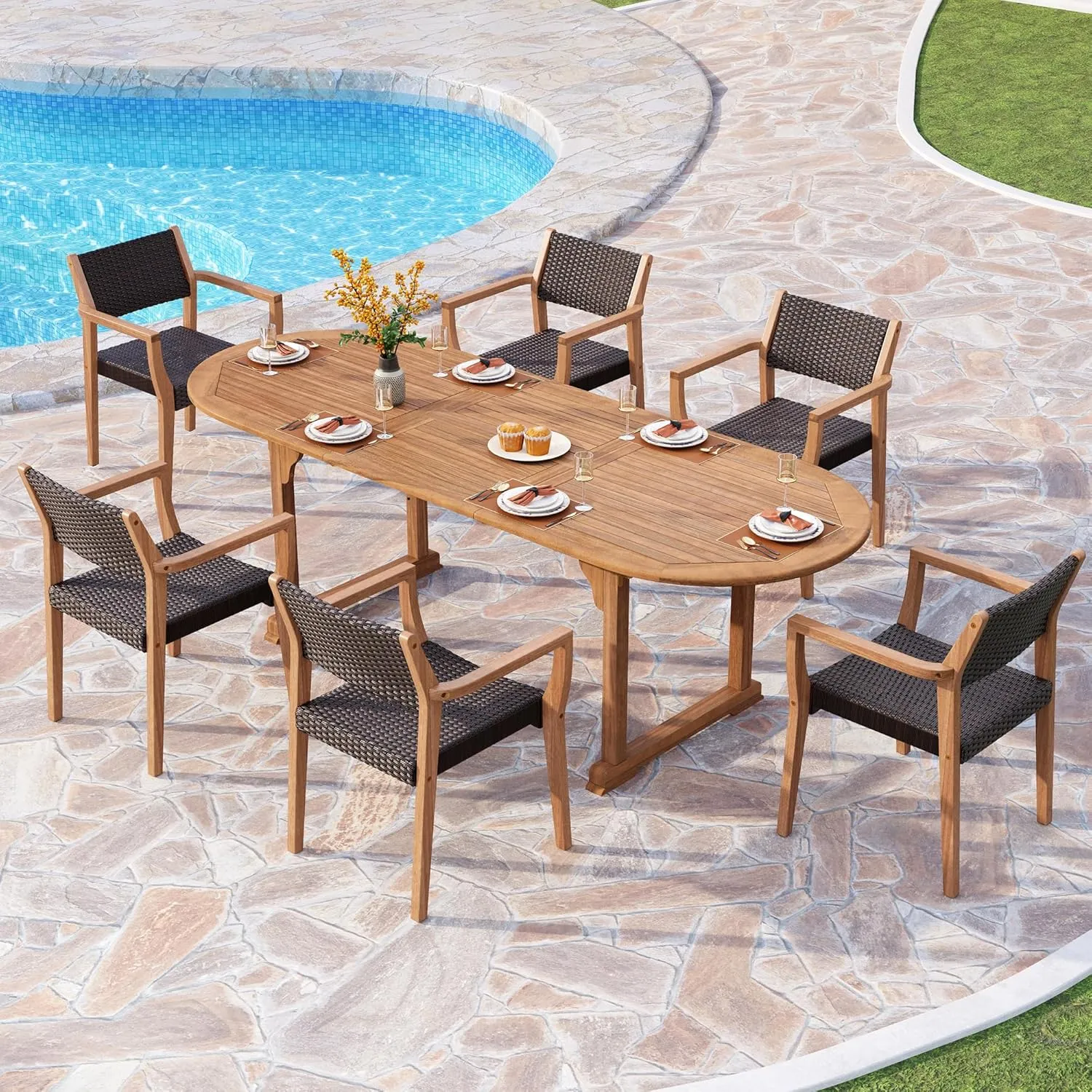 PHI VILLA 7 Pieces Acacia Wood Outdoor Dining Set for 6, Expandable Teak Wooden Table & Chairs, Large Farmhouse Furniture Set for Patio, Deck, Yard, Porch