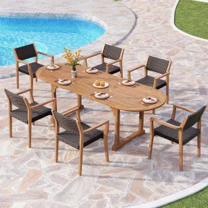 PHI VILLA 7 Pieces Acacia Wood Outdoor Dining Set for 6, Expandable Teak Wooden Table & Chairs, Large Farmhouse Furniture Set for Patio, Deck, Yard, Porch