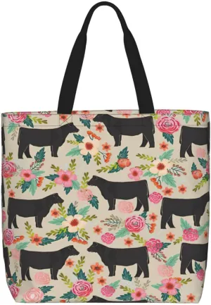 Pink Flower Show Steer Cows Cattle Print zipper shoulder bag for women.Beach,travel and daily use,lightweight,stylish