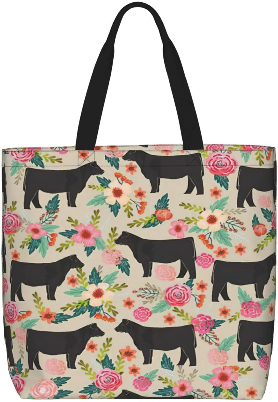 Pink Flower Show Steer Cows Cattle Print zipper shoulder bag for women.Beach,travel and daily use,lightweight,stylish