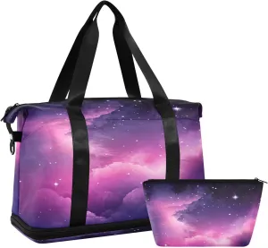 Pink Nebula Stars Duffel Bag Lightweight Carry On Gym Bags for Travel and Weekends, Versatile Overnight Bag with Shoe Compartment