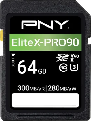 PNY 64GB EliteX-PRO90 UHS-II SDXC Memory Card – R300MB/s W280MB/s, U3, V90, 8K UHD, Full HD, UHS-II for Professional Photographers & Content Creators, DSLR, Mirrorless Cameras, Advanced Video Cameras