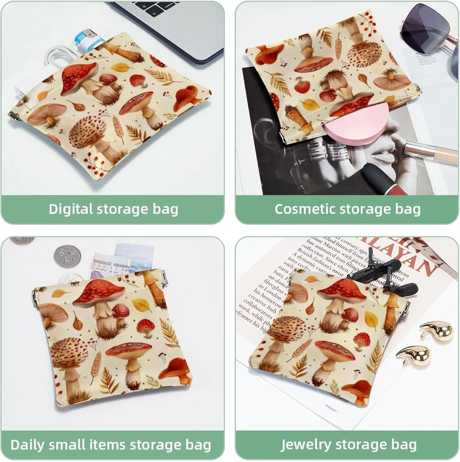 Pocket Cosmetic Bag Squeeze Top, Forest Mushroom Pattern Waterproof Travel Makeup Bag for Purse, Portable Mini Makeup Pouch No Zipper for Women