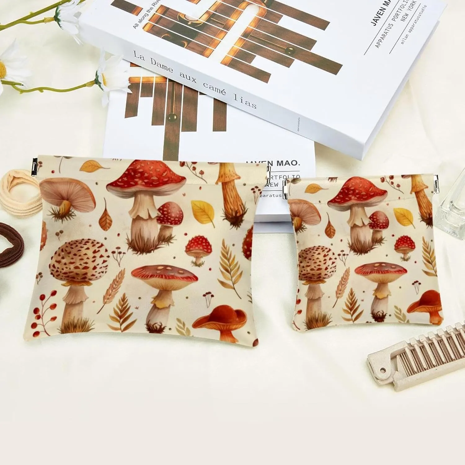 Pocket Cosmetic Bag Squeeze Top, Forest Mushroom Pattern Waterproof Travel Makeup Bag for Purse, Portable Mini Makeup Pouch No Zipper for Women
