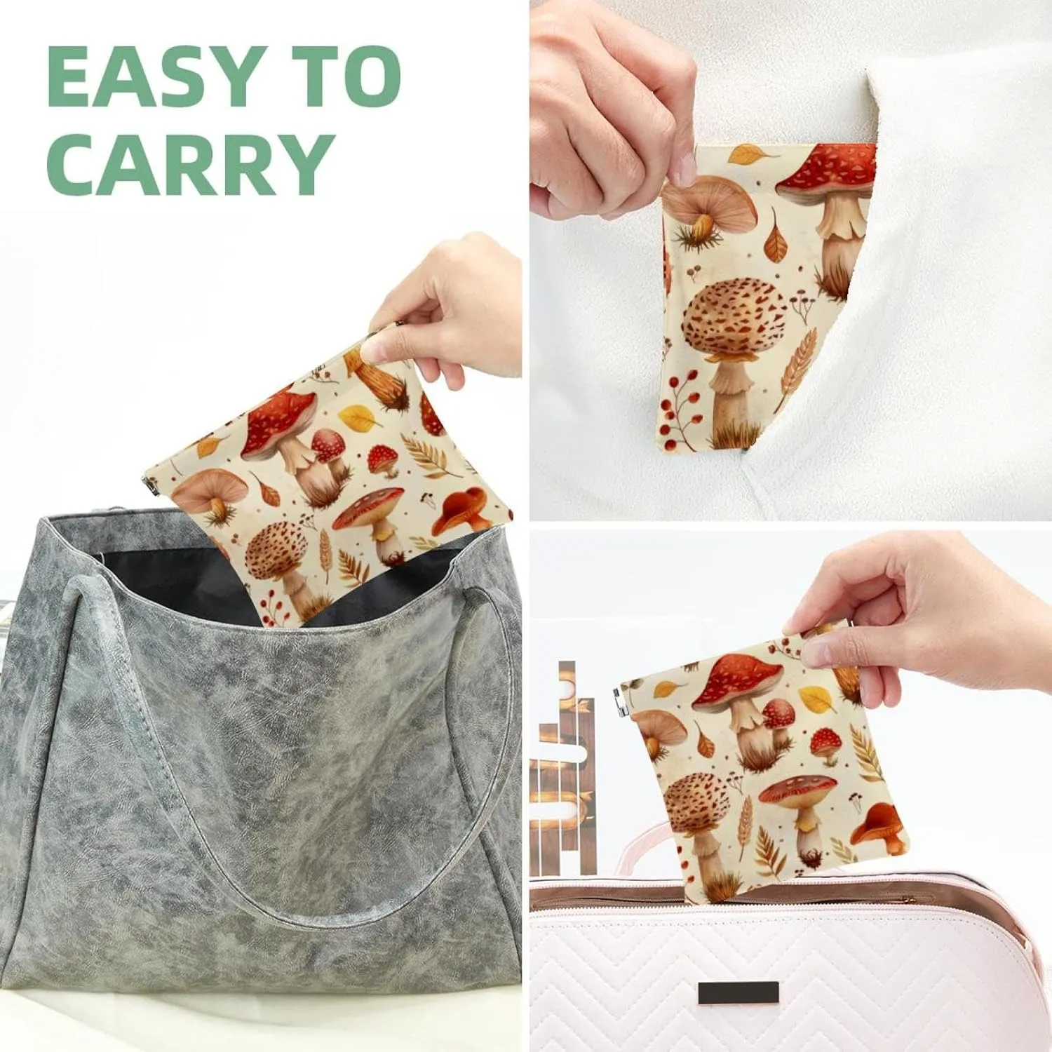 Pocket Cosmetic Bag Squeeze Top, Forest Mushroom Pattern Waterproof Travel Makeup Bag for Purse, Portable Mini Makeup Pouch No Zipper for Women