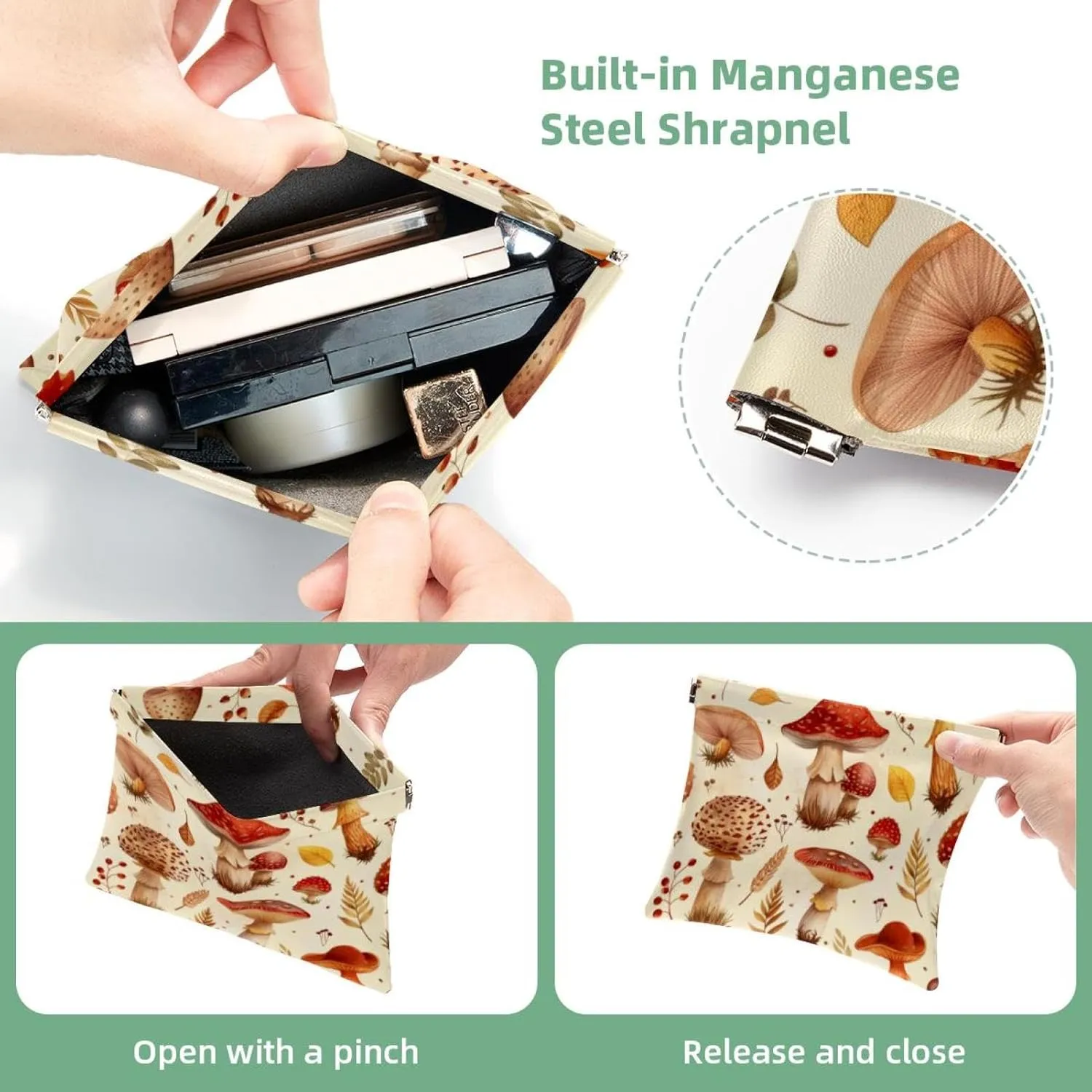Pocket Cosmetic Bag Squeeze Top, Forest Mushroom Pattern Waterproof Travel Makeup Bag for Purse, Portable Mini Makeup Pouch No Zipper for Women