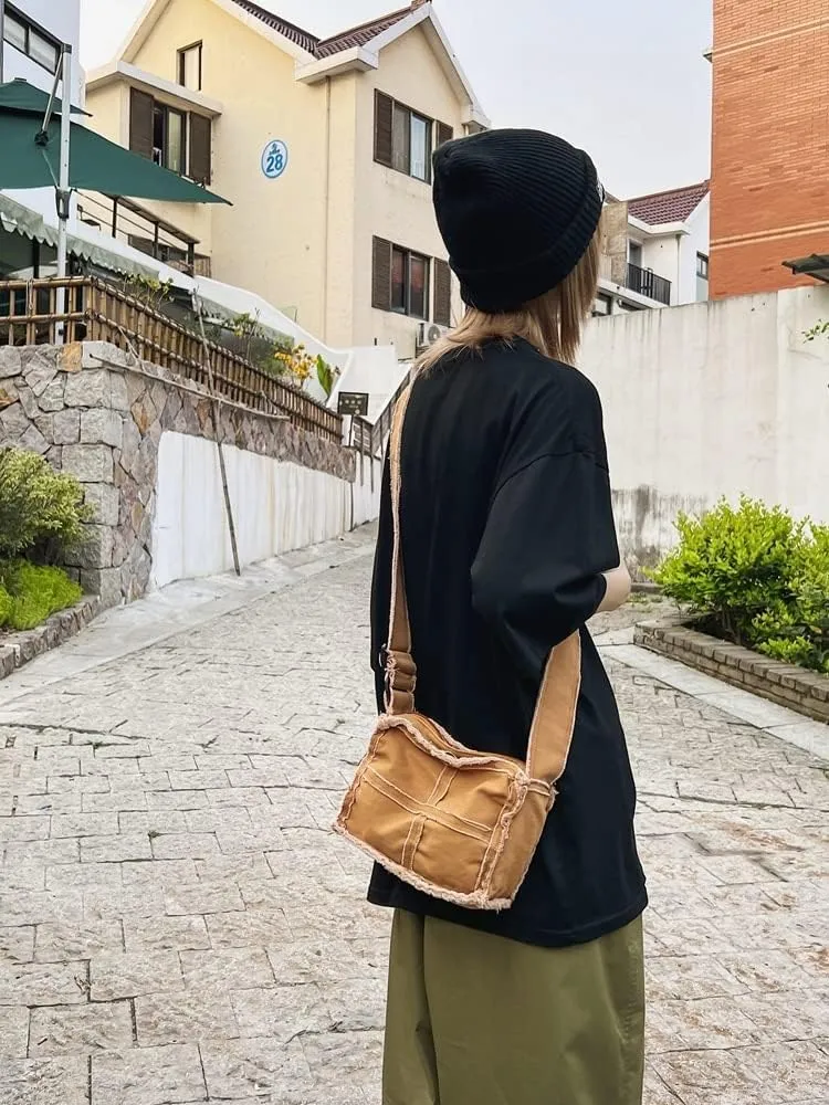Pooyikoi Women Little Canvas Shoulder Bag Female Thick Cloth Small Messenger Bag Retro Vintage Crossbody Tote Bag
